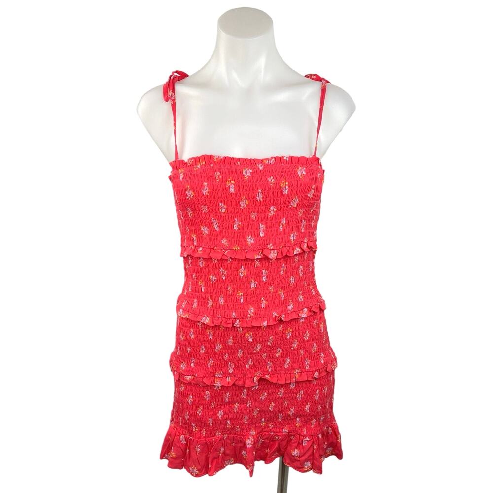 NEW American Eagle Pink Floral Smocked Ruffle Sleeveless Tiered Mini Dress Sz S